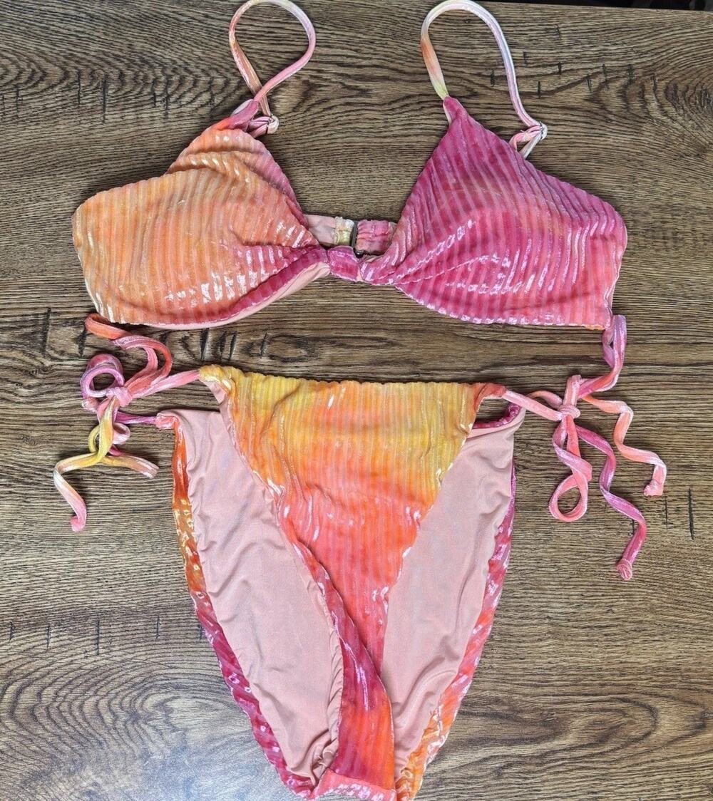 Dippin Daisys Charisma Tie Dye Velvet Bikini Set Pink Top L Bottom M Cheeky